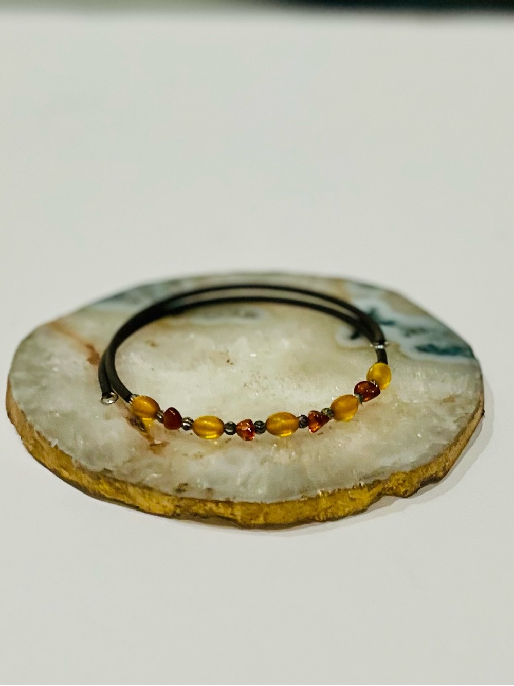 Amber Bead Leather Bracelet - Yellow & Brown $8